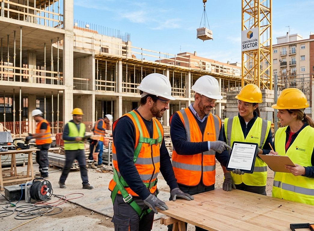 Grupo de trabajadores de la construcción con cascos amarillos en una obra